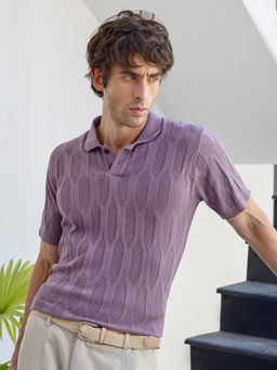 CAHOOT - Men Mauve Textured Half Sleeves Slim Casual Polo T-Shirt