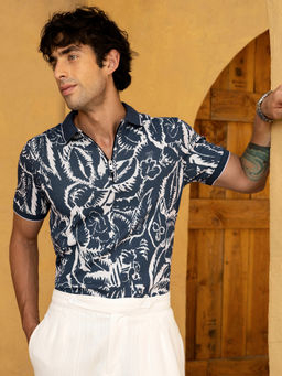 CAHOOT - Men Ink Navy Blue Floral Half Sleeves Slim Casual Polo T-Shirt