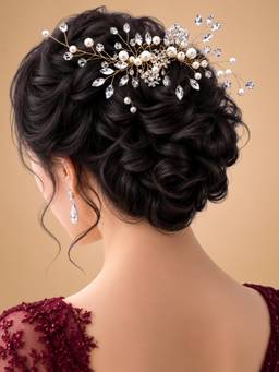 Fabula - Gold Tone Floral Design Pearls And Crystal Wedding Party Hair Comb Pin