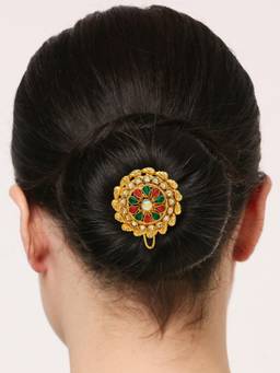 Fabula - Red Maroon And Green Stones Ethnic Hair Bun Pin
