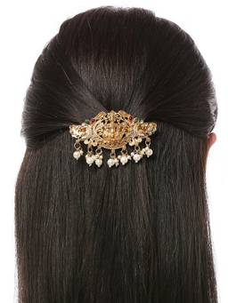 Fabula - Red Maroon And Green Ethnic Laxmi Hair Clip With Pearl Drops - Temple Design