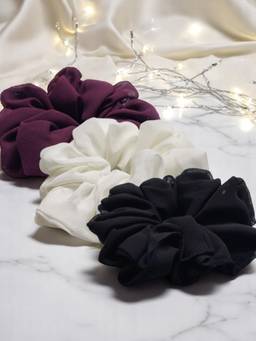 Fabula - Pack Of 3 Georgette Scrunchy - Blue, White And Wine - Hair Tie, Ponytail Holder -
