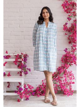 Tara-C-Tara - White Floral Hand Block Printed A-Line Dress