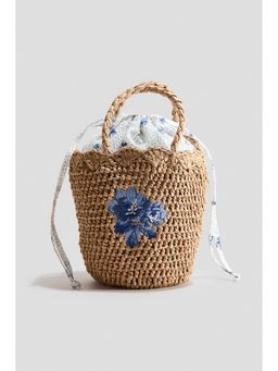 H&M - Girls Beige Embroidery-Detail Straw Bucket Bag