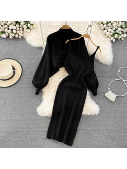 MISS MOSA BY AKANKSHA - Women Black Dalla Woolen Dress with Sweater (Set of 2)