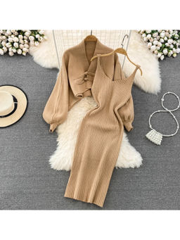 MISS MOSA BY AKANKSHA - Women Beige Dalla Woolen Dress with Sweater (Set of 2)