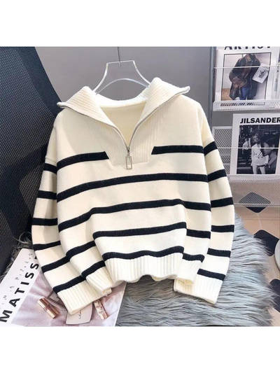Women White Striped Mastro Statement Sweater