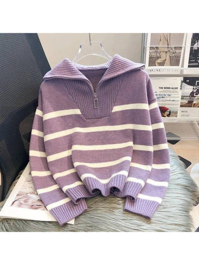 Women Purple Striped Mastro Statement Sweater