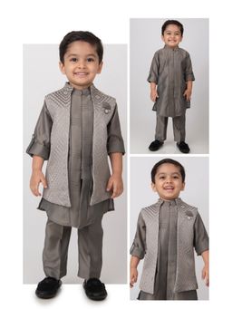Little Collars - Full Sleeves Silk Kurta with Broach, Jacket & Pyjama - Earth (Set of 4)