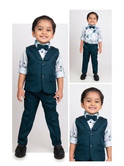 Little Collars - Cotton Rayon Shirt, Bow Tie Waistcoat Pants - Green (Set of 4)