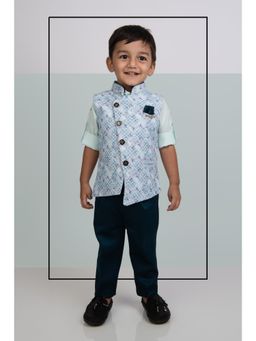 Little Collars - Polyester Shirt & Collar Pin Jacket Trousers - Green (Set of 4)