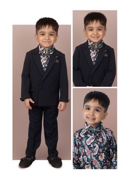 Little Collars - Smart Coat with Printed Shirt Pant & Bow Tie - Navy Blue (Set of 4)