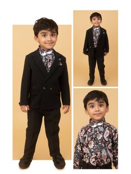 Little Collars - Smart Coat with Printed Shirt Pant & Bow Tie - Black (Set of 4)