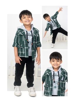Little Collars - Checkered Casual Shirt & T-shirt with Cargo Pant - Green (Set of 3)