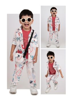 Little Collars - Boys Peach Printed Co-Ord with Bag (Set of 4)
