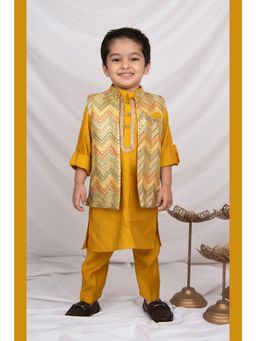 Little Collars - Boys Mustard Embroidered Ethnic Nehru Jacket Kurta & Pajama (Set of 3)