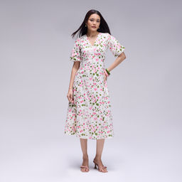 Twenty Dresses by Nykaa Fashion - Multicolour Floral Printed Puff Sleeves A-Line Midi Dress