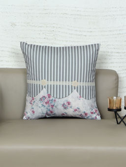 Zeba World - Cushion Cover Floral Print with Hand Embroidery And Lace Grey (16x16 Inches)