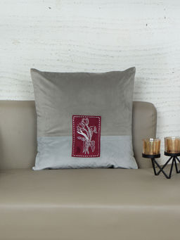 Zeba World - Velvet Cushion Cover with Patchwork Of Floral Embroidery Grey (16x16 Inches)