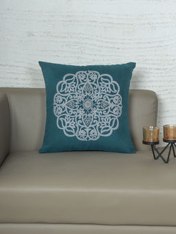 Zeba World - Cushion Cover Motif Embroidery with Hand Embroidery Teal Blue (16x16 Inches)