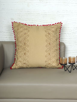 Zeba World - Cushion Cover Hand Embroidery with Pompoms On Borders Cream (18x18 Inches)