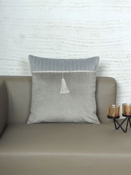 Zeba World - Velvet Cushion Cover with Pleats On Top And Lace with Tassle Grey (16x16 Inches)