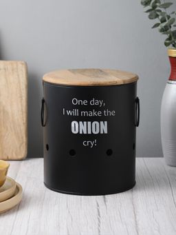 VarEesha - Ardura Black Metal Onion Container With Wooden Lid