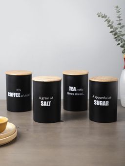 VarEesha - Ardura Black Metal Tea Sugar Coffee And Salt Containers With Wooden Lids Pack Of 4