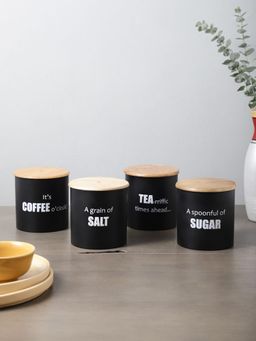 VarEesha - Ardura Black Metal Tea Sugar Coffee And Salt Containers With Wooden Lids Pack Of 4