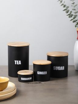 VarEesha - Ardura Black Metal Tea Sugar Ginger And Cardamom Containers With Wooden Lids Pack Of 4