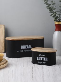 VarEesha - Ardura Black Metal Bread Box And Butter Box With Wooden Lids Pack Of 2