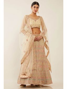 Soch - Women Beige Net Embroidered Lehenga Choli Dress Material (Set of 3)