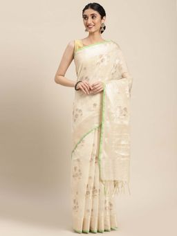 Banarasi Silk Works - Beige Masrise Cotton Alfi Boota Zari Border Saree with Unstitched Blouse