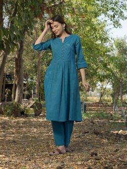 JITI - Teal Aasma Textured Woven Kurta with Palazzo (Set of 2)