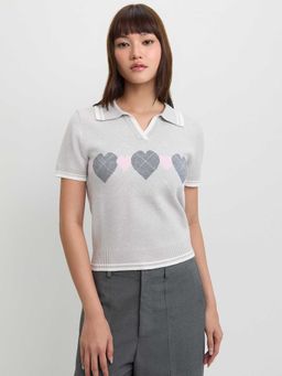Pomelo - Heart Polo Knit Top - Grey