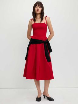 Pomelo - Camisole Ruffle Waist Dress with Tie V-Waist – Red