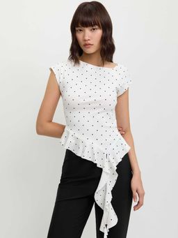 Pomelo - Asymmetric Hem Cap Sleeve Polka Dot Top – White