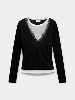 Pomelo - Layered V-Neck Lace Trim Long Sleeve Cardigan Top – Black