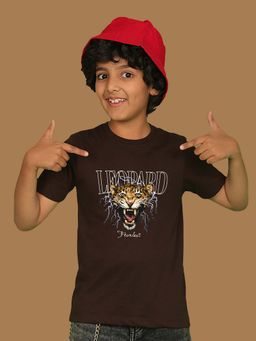 Nusyl - Boys Brown Leopard Text Printed T-shirt