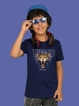 Nusyl - Boys Navy Blue Leopard Text Printed T-shirt