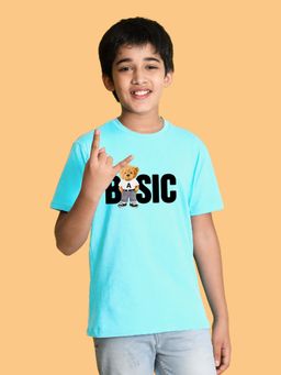 Nusyl - Boys Sky Blue Teddy and Text Printed T-shirt