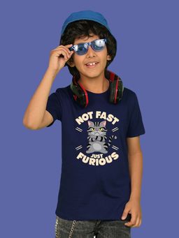 Nusyl - Boys Navy Blue Not Fast Just Furious Text Printed T-shirt