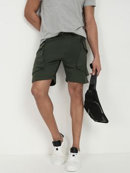 necked - Men's Bottle Green Slim Fit Cargo Shorts