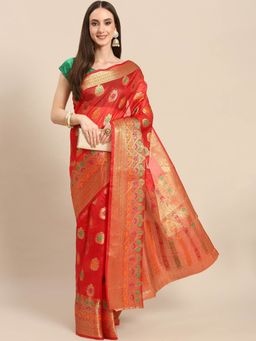 Odette - Red Woven Organza Saree with Unstitched Blouse