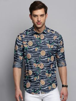 SHOWOFF - Mens Spread Collar Printed Navy Blue Classic Shirt