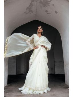 PALLAVI JAIPUR - Lemon Yellow Embroidered Saree with Stitched Blouse