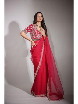 PALLAVI JAIPUR - Haseena Cherry Red Organza Saree with Stitched Blouse
