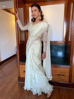 PALLAVI JAIPUR - Butter Cream Embroidered Saree with Stitched Blouse