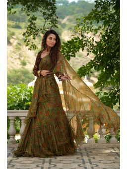 PALLAVI JAIPUR - Bageecha Sage Green Ruffle Saree with Stitched Blouse