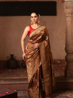 Zal from Benaras - Coffee Brown Pure Katan Silk Banarasi Handloom Saree with Unstitched Blouse